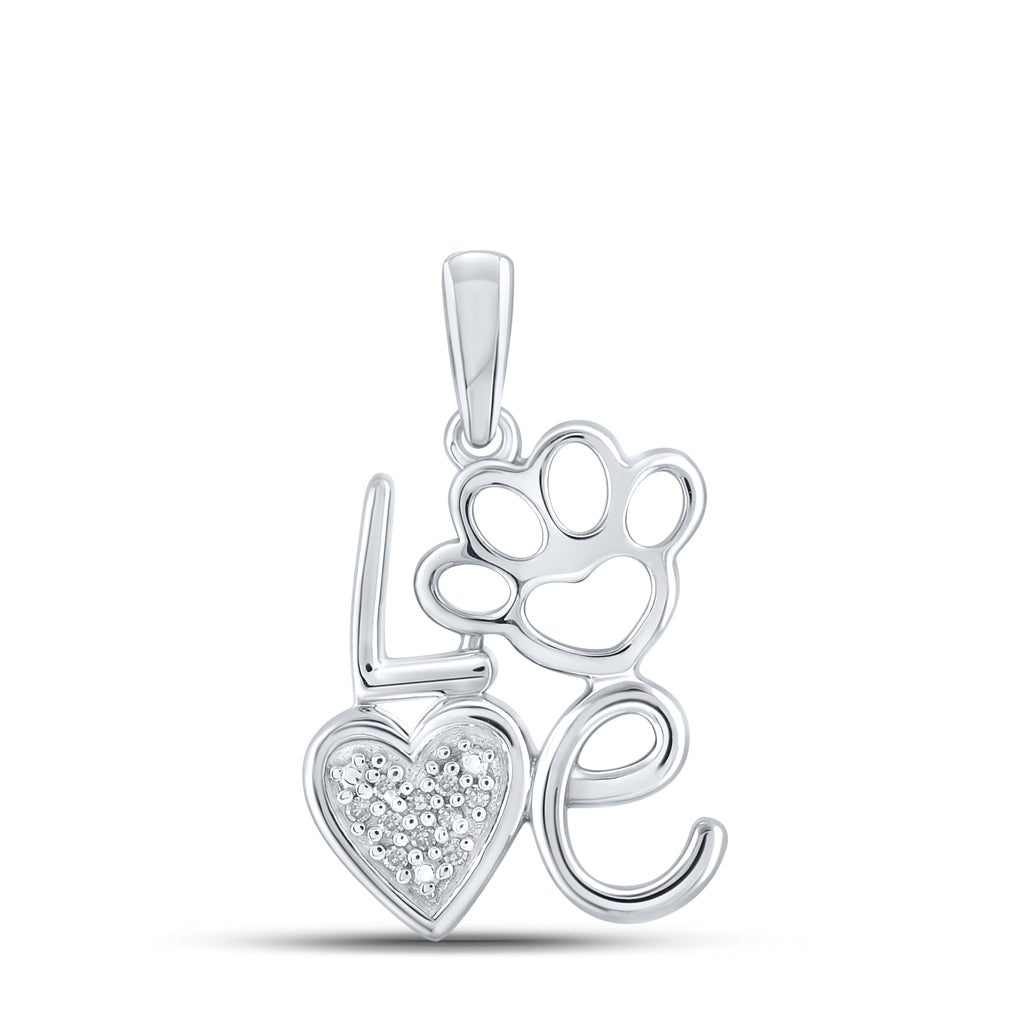 Sterling Silver Womens Round Diamond Love Paw Heart Pendant .03ctw