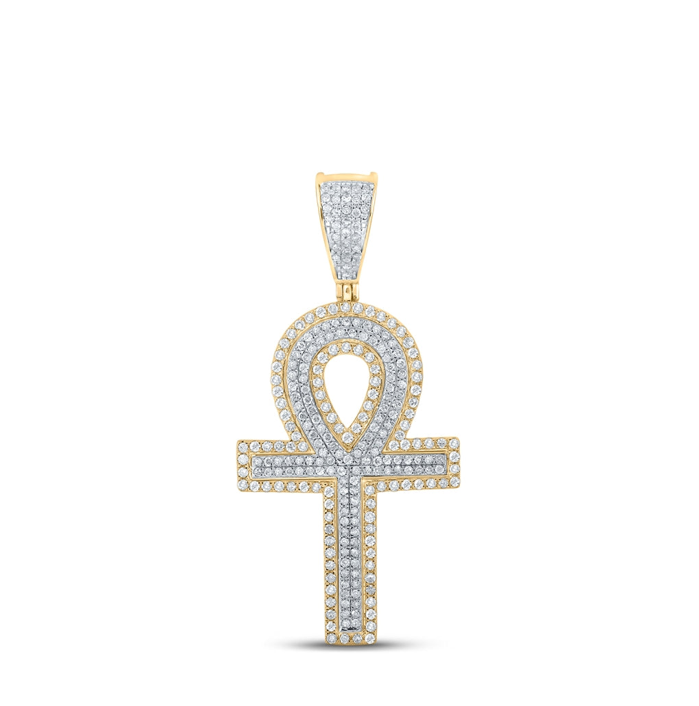 10K Two-tone Gold Mens Round Diamond Ankh Cross Charm Pendant 7/8 Cttw
