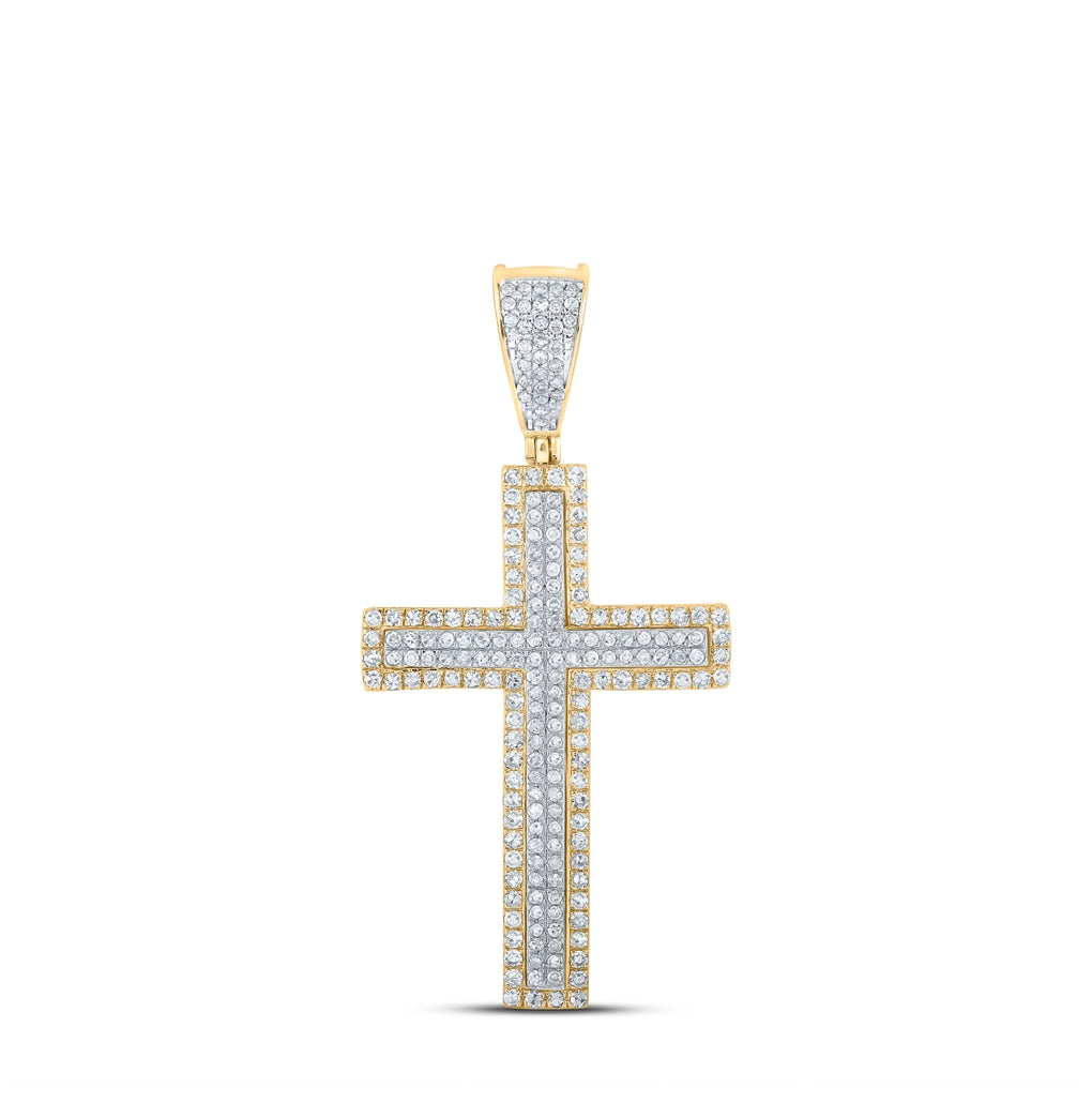 10K Two-tone Gold Mens Round Diamond Cross Charm Pendant 3/4 Cttw