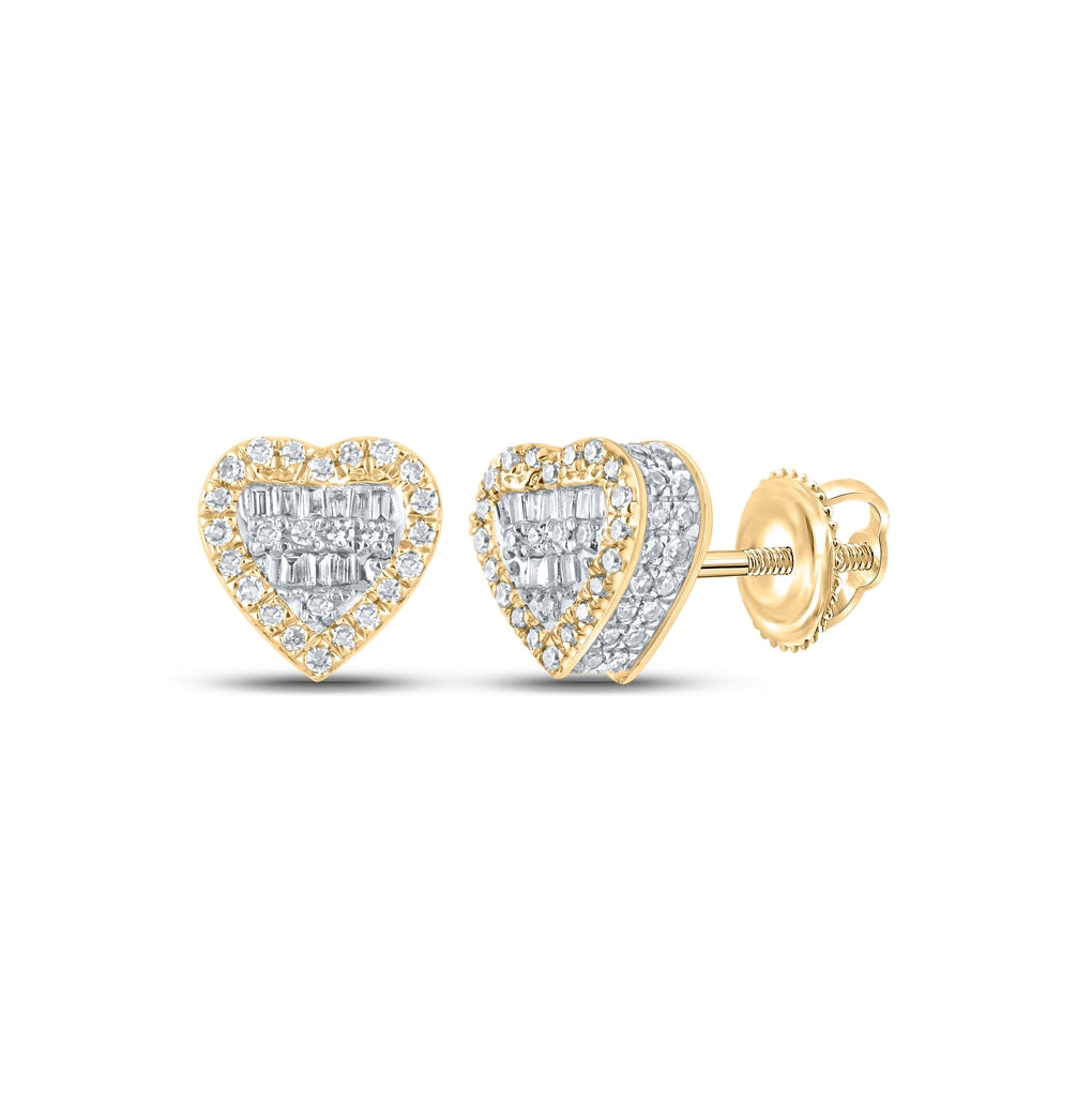 10K Yellow Gold Baguette Diamond Heart Earrings 3/8 Cttw