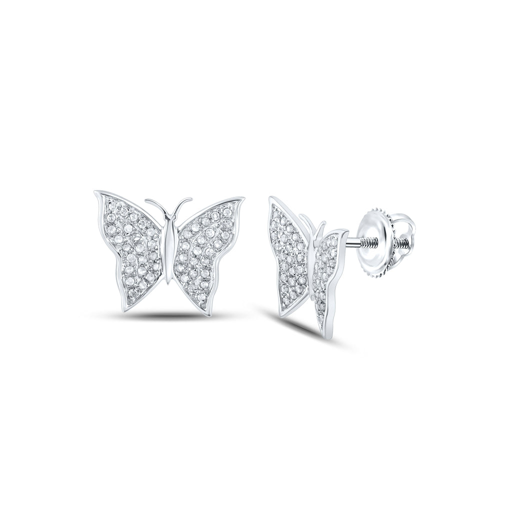 10K White Or Yellow Gold Womens Round Diamond Butterfly Bug Earrings