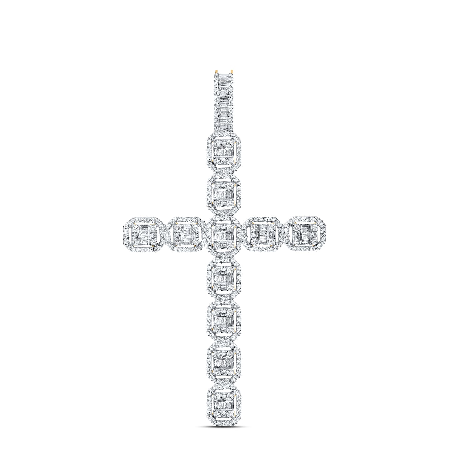 10K Yellow Gold Mens Baguette Diamond Cross Charm Pendant 2-1/3 Cttw, Length: 2.87 In, Width: 1.66 In