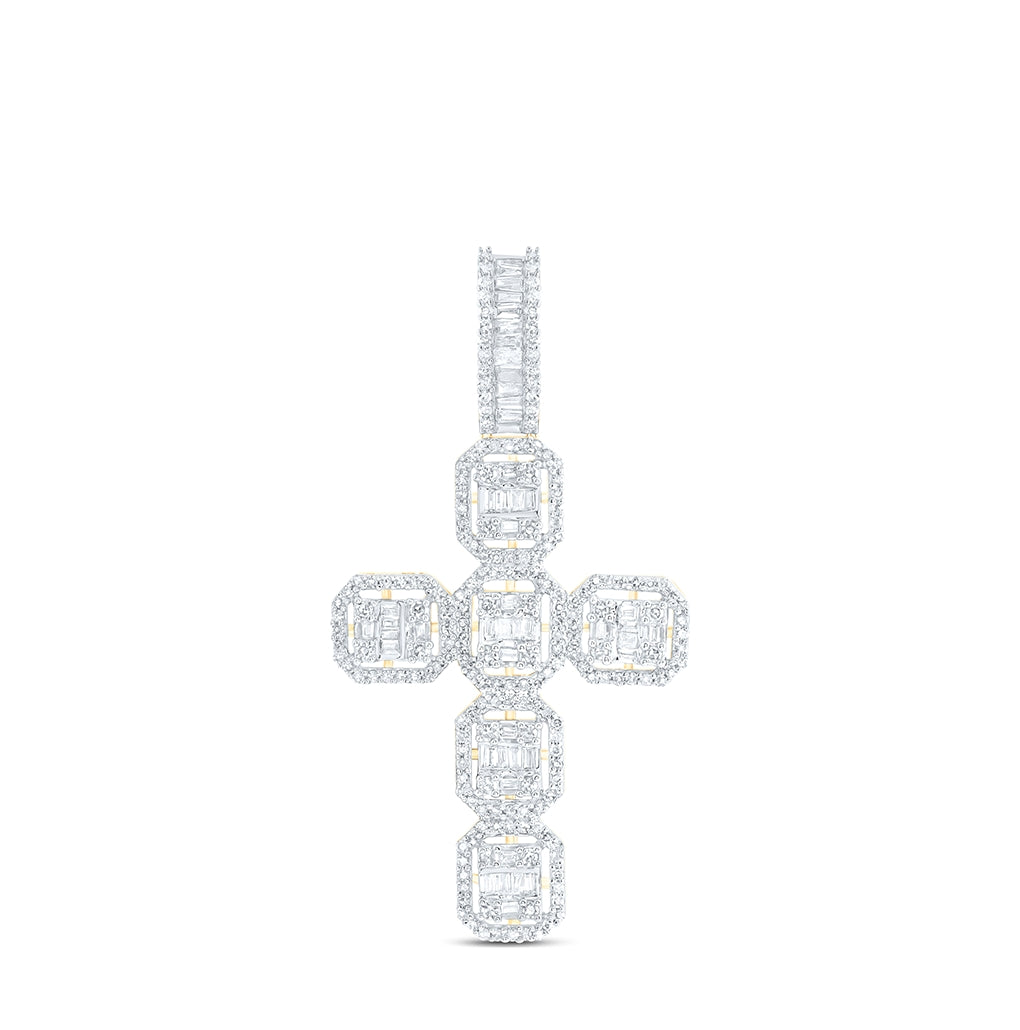 10K Yellow Gold Mens Baguette Diamond Cross Charm Pendant 1 Cttw, Length: 1.8 In, Width: 0.98 In