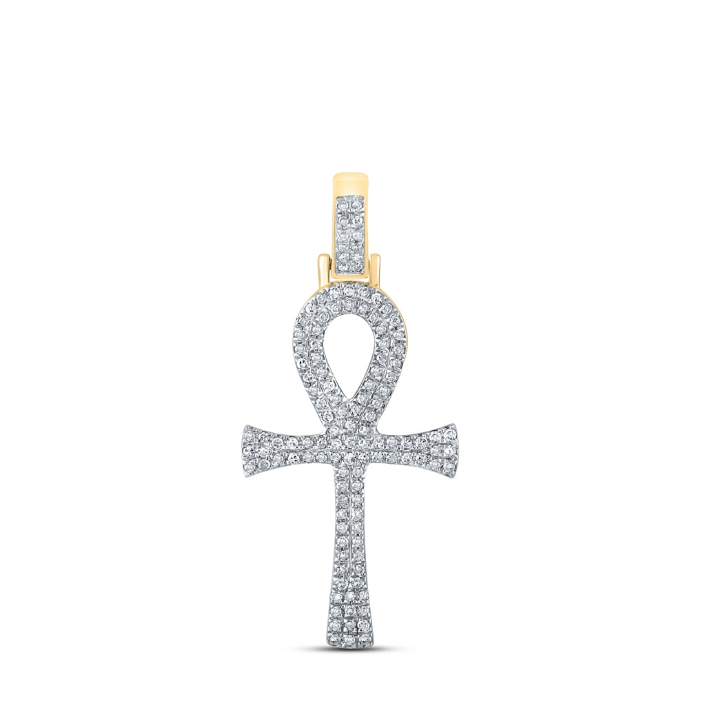 10K Yellow Gold Mens Round Diamond Ankh Cross Charm Pendant 1/3 Cttw, Length: 1.31 In, Width: 0.6 In