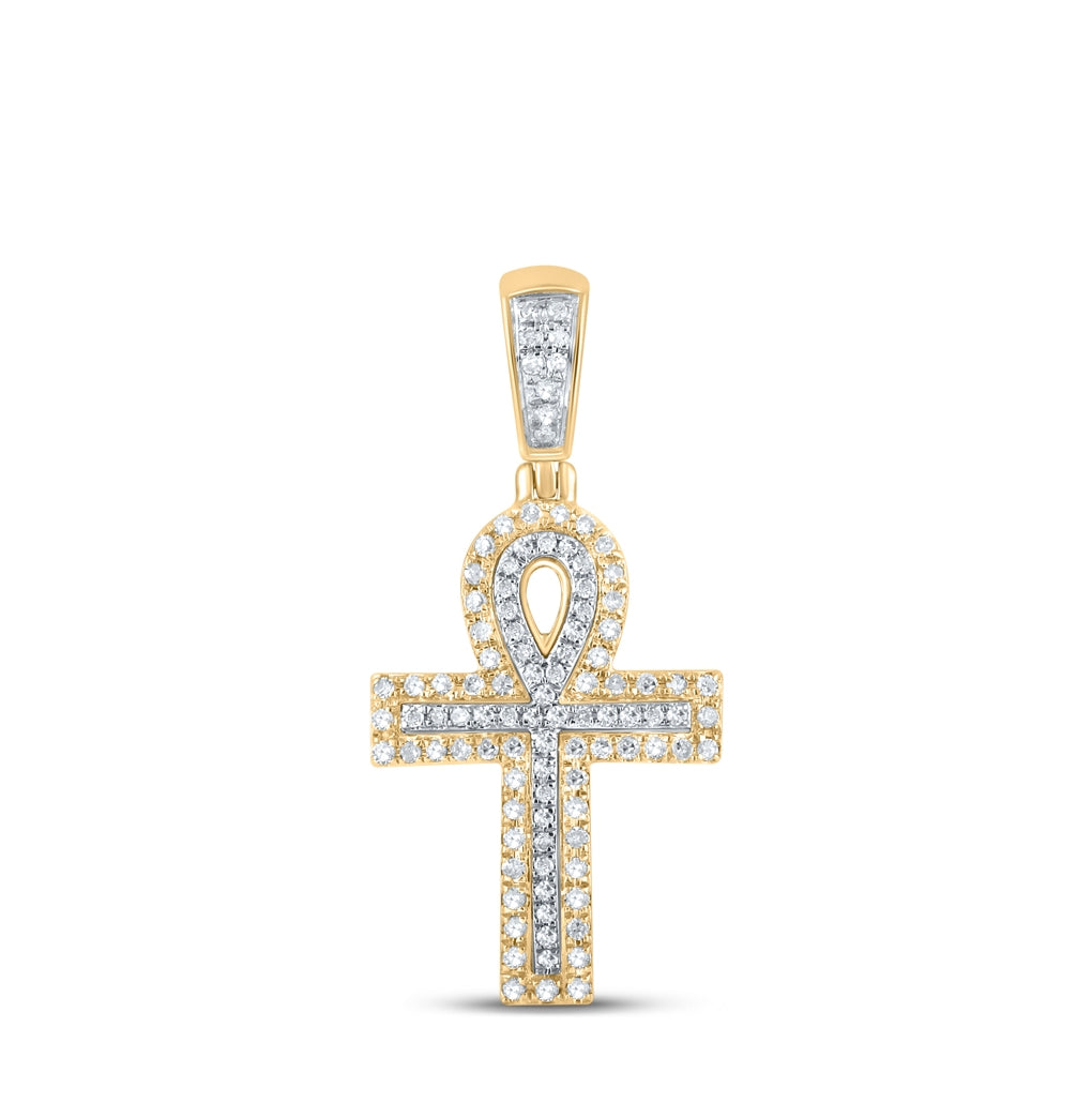 10K Two-tone Gold Mens Round Diamond Ankh Cross Charm Pendant 1/4 Cttw, Length: 1.14 In, Width: 0.52 In