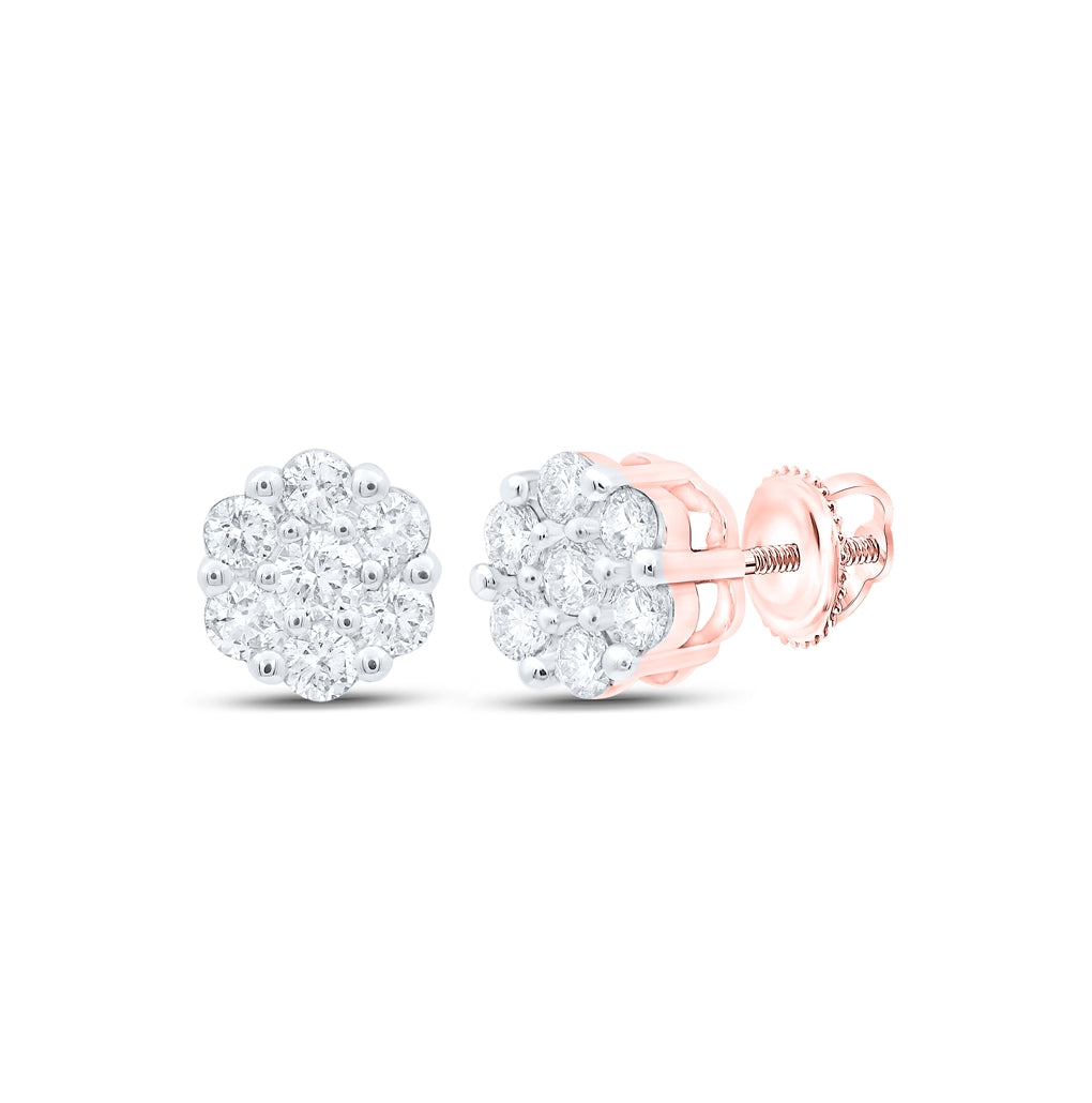 10K Yellow Or White Or Rose Gold Womens Round Diamond Flower Cluster Earrings