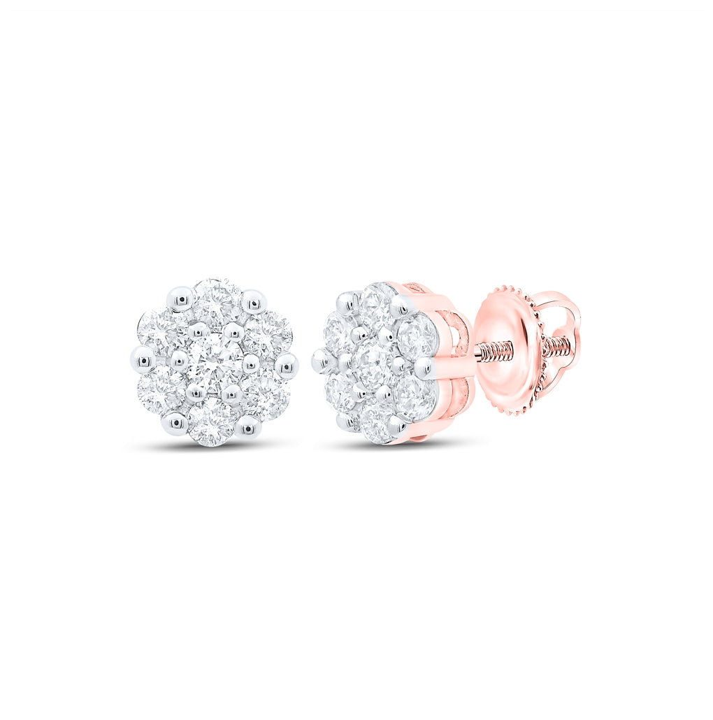 10K Yellow Or White Or Rose Gold Womens Round Diamond Flower Cluster Earrings