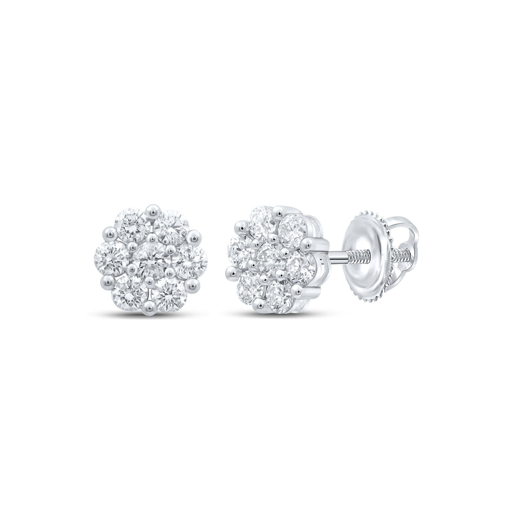 14K White Or Yellow Gold Womens Round Diamond Flower Cluster Earrings