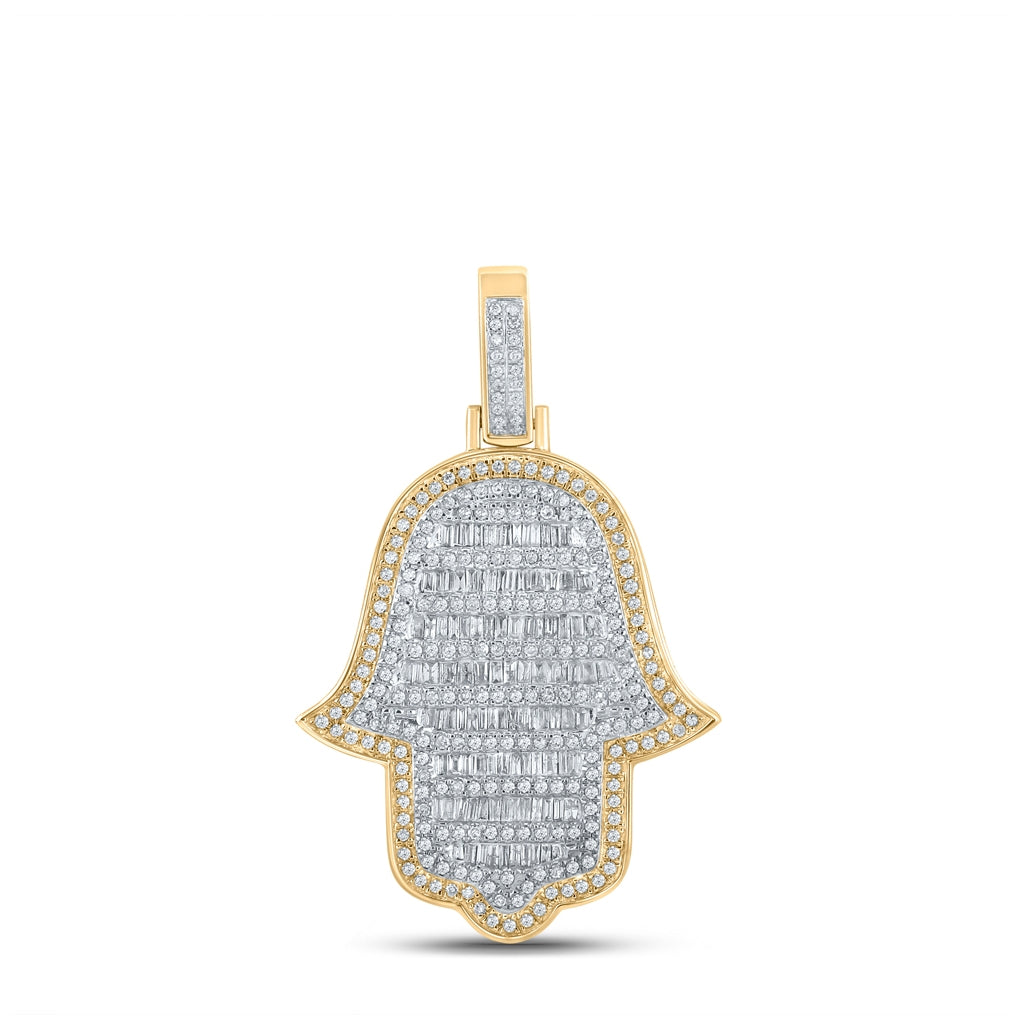 10K Yellow Gold Mens Baguette Diamond Hamsa Charm Pendant 1-5/8 Cttw, Length: 1.66 In, Width: 1 In