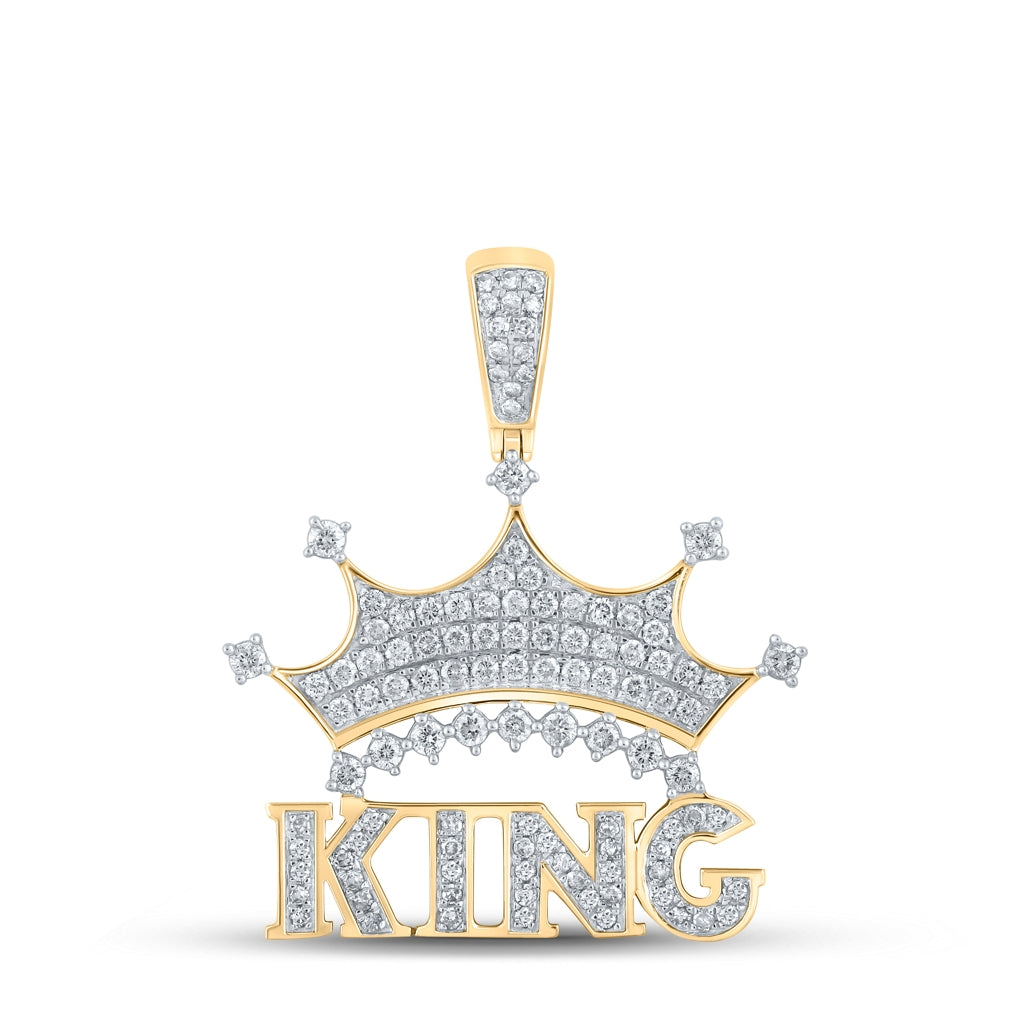 10K Yellow Gold Mens Round Diamond King Crown Phrase Charm Pendant 7/8 Cttw, Length: 1.38 In, Width: 1.1 In