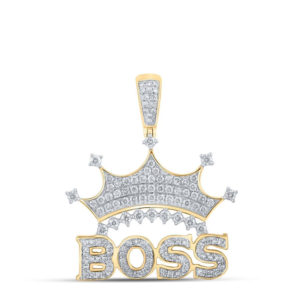 10K Yellow Gold Mens Round Diamond Boss Crown Phrase Charm Pendant 1 Cttw