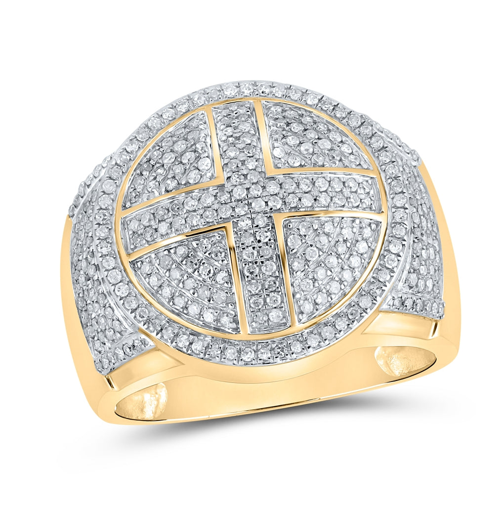 10K Yellow Gold Mens Round Diamond Cross Circle Ring 3/4 Cttw, Mens Size: 7-13