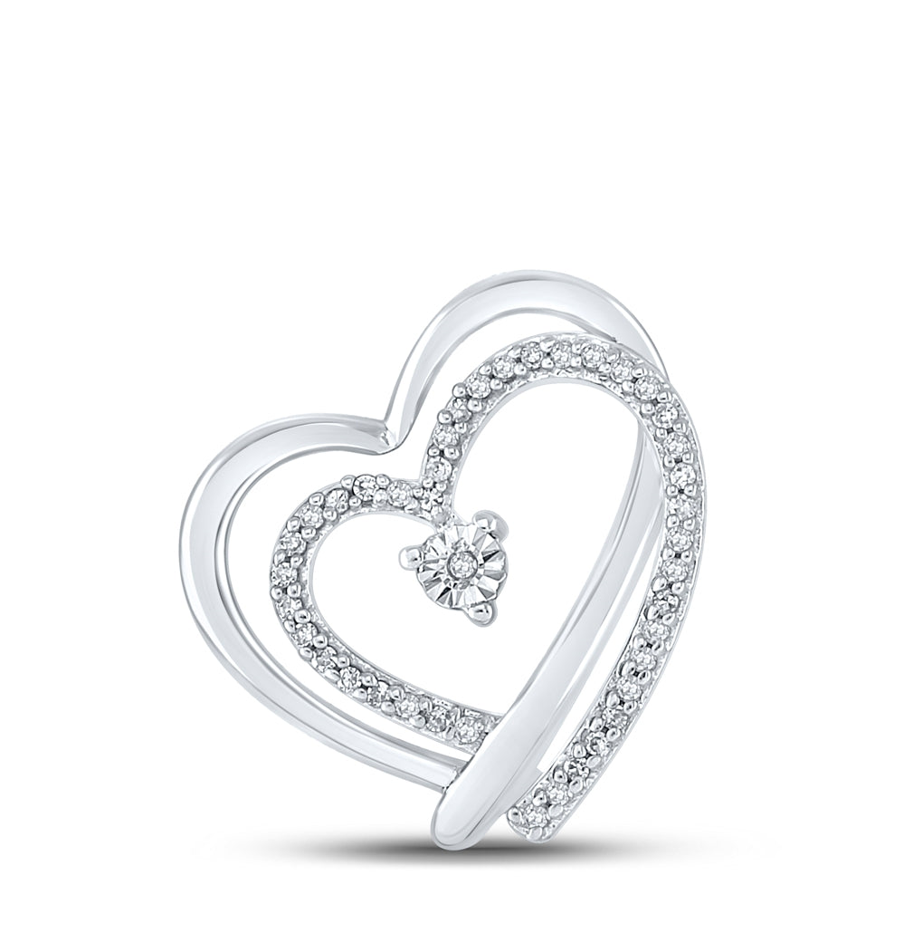 Sterling Silver Womens Round Diamond Heart Pendant 1/12ctw