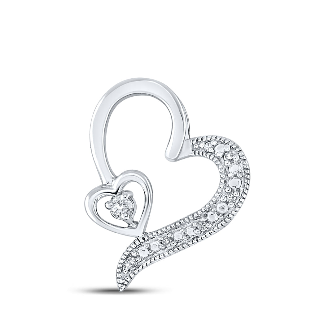 Sterling Silver Womens Round Diamond Heart Pendant 1/20ctw
