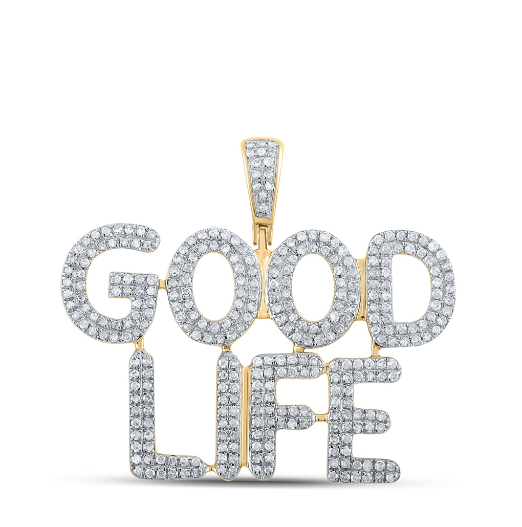 10K Yellow Gold Mens Round Diamond Good Life Phrase Charm Pendant 1 Cttw, Length: 1.32 In, Width: 1.42 In