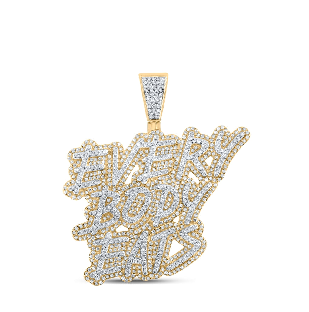 10K Yellow Gold Mens Round Diamond Everybody Eats Phrase Charm Pendant 2 Cttw