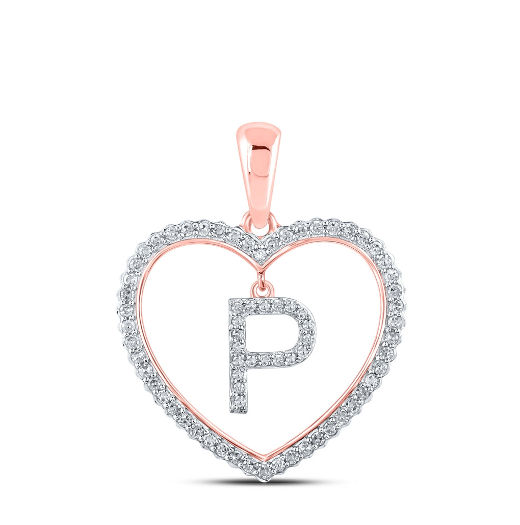 10K Rose Gold Womens Round Diamond Heart Letter Pendant