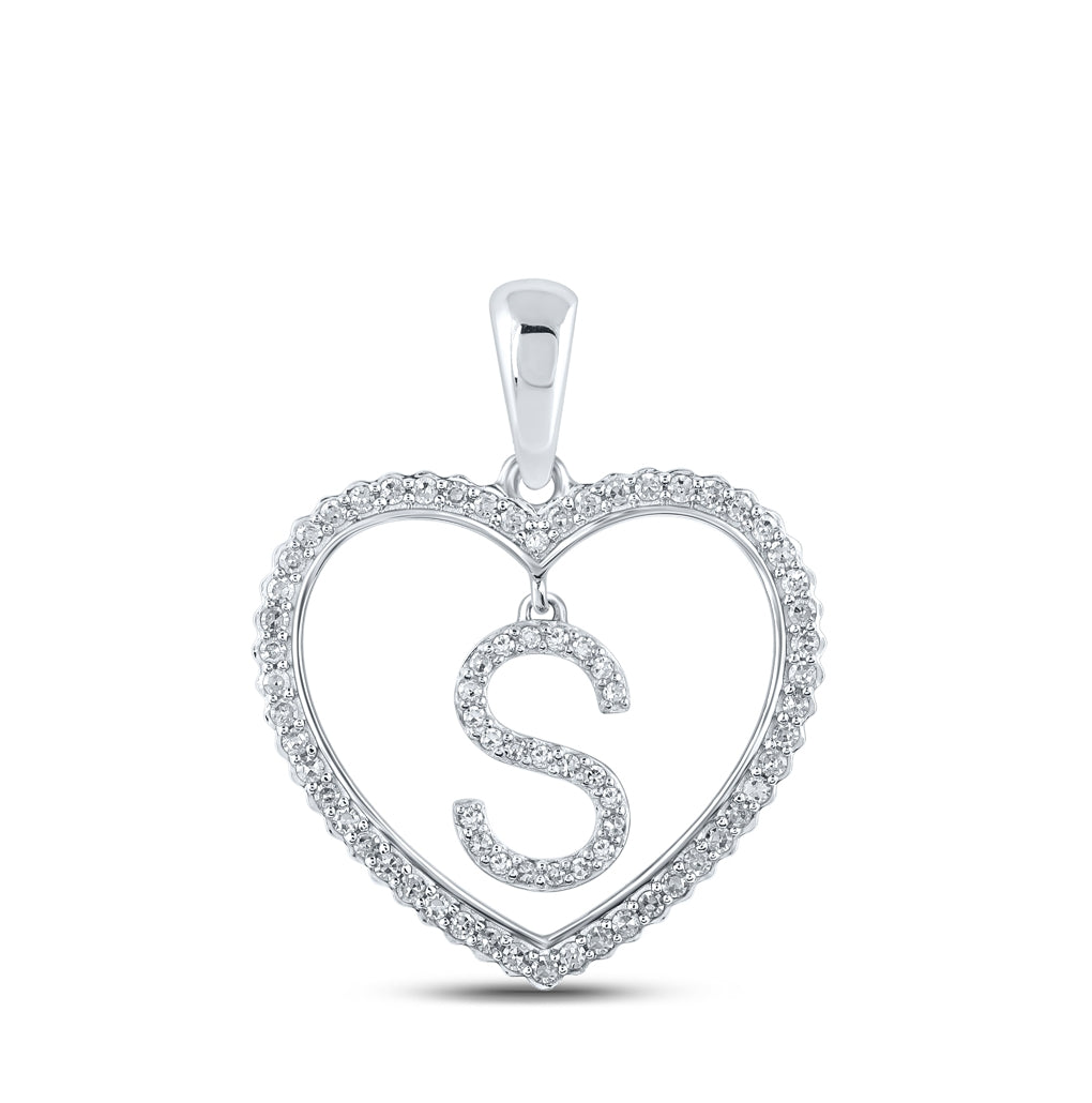 10K White Gold Womens Round Diamond Heart Letter Pendant