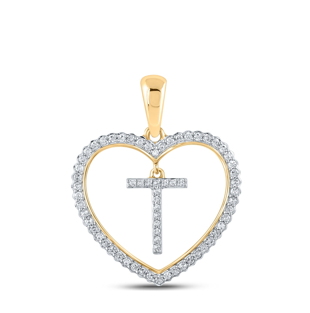 10K Yellow Gold Womens Round Diamond Heart Letter Pendant