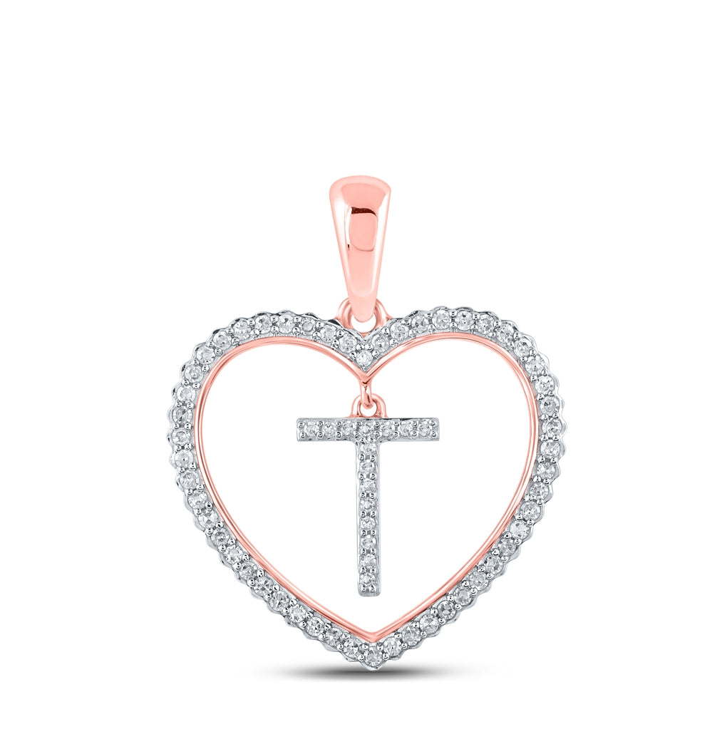 10K Rose Gold Womens Round Diamond Heart Letter Pendant