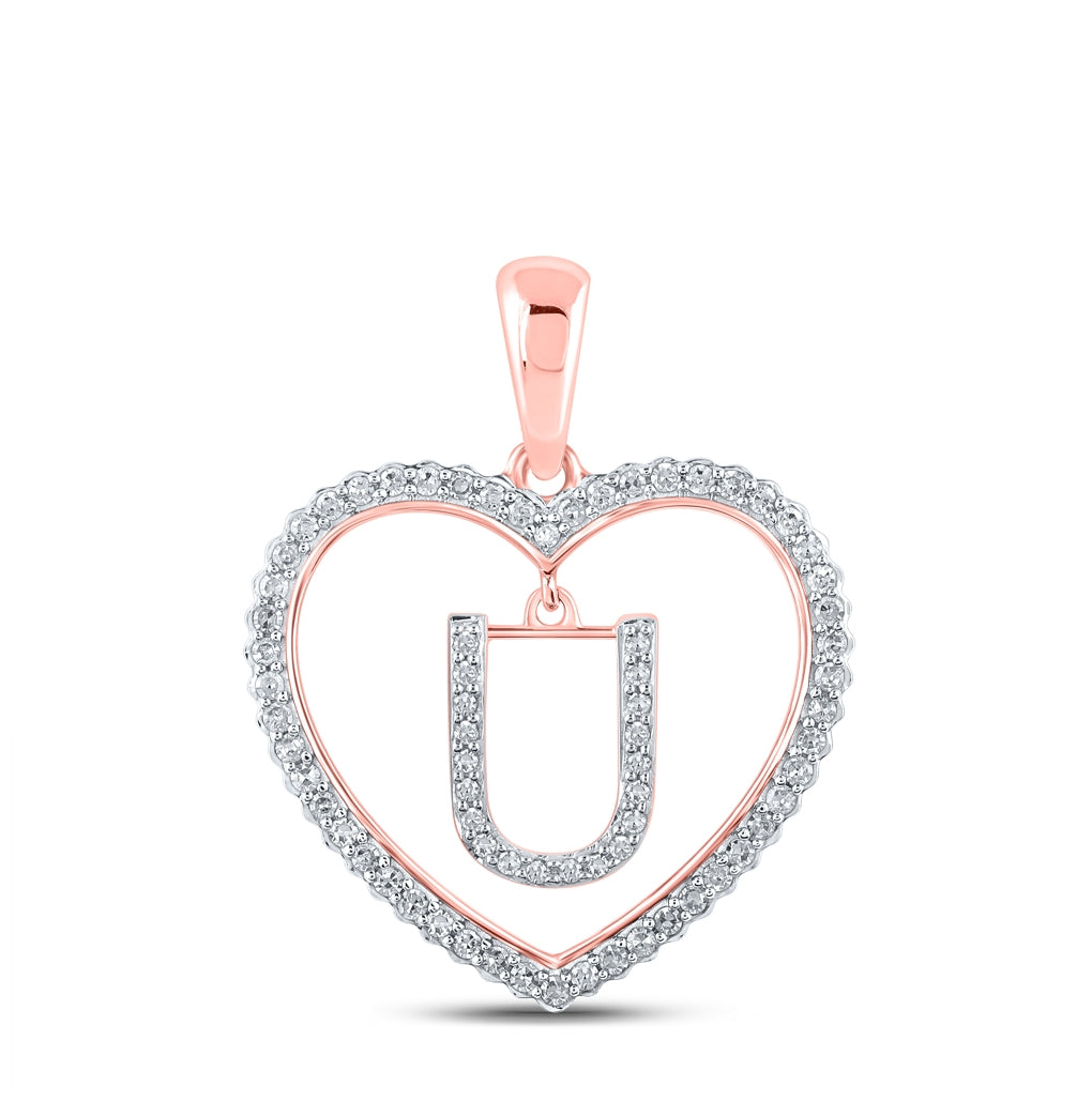 10K Rose Gold Womens Round Diamond Heart Letter Pendant