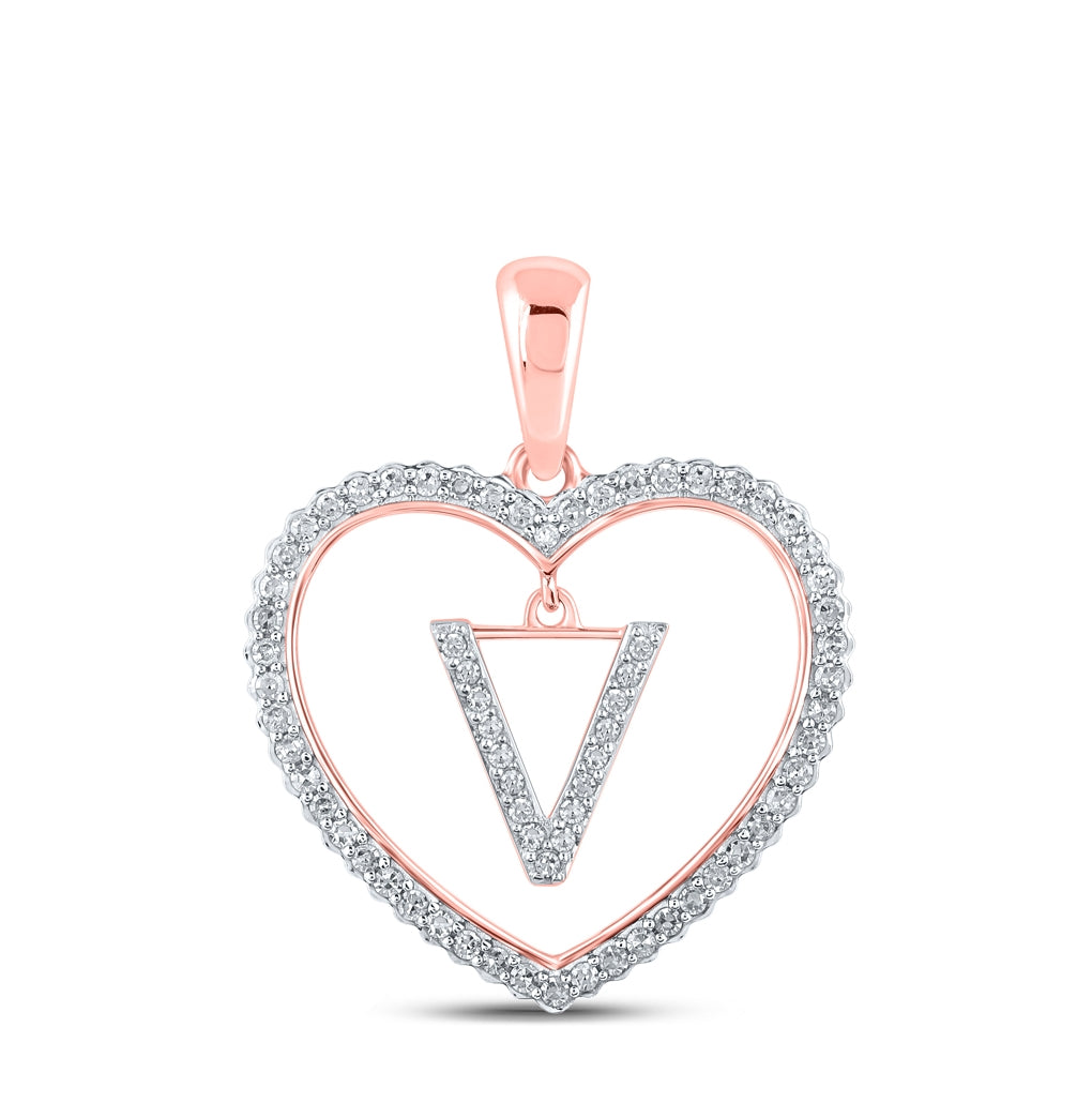 10K Rose Gold Womens Round Diamond Heart Letter Pendant