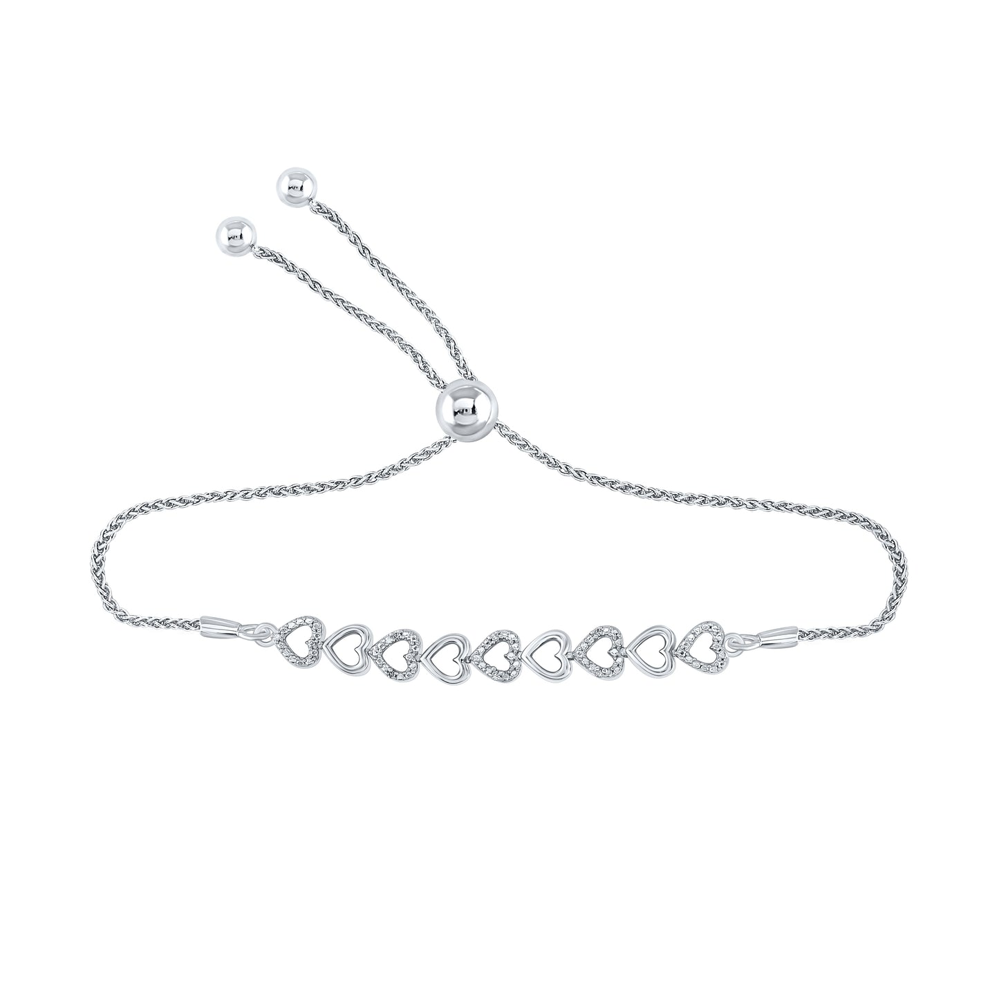 Sterling Silver 0.02ctw Diamond P2 Heart Gift Bolo Bracelet (9.50 Inch)