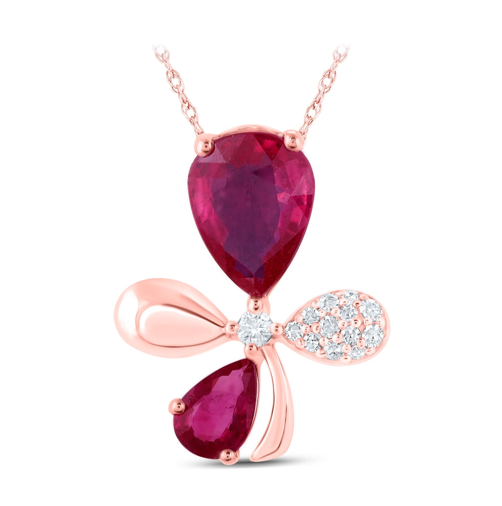 10K Rose Gold Womens Pear Ruby Diamond Flower Fashion Pendant 1-7/8 Cttw