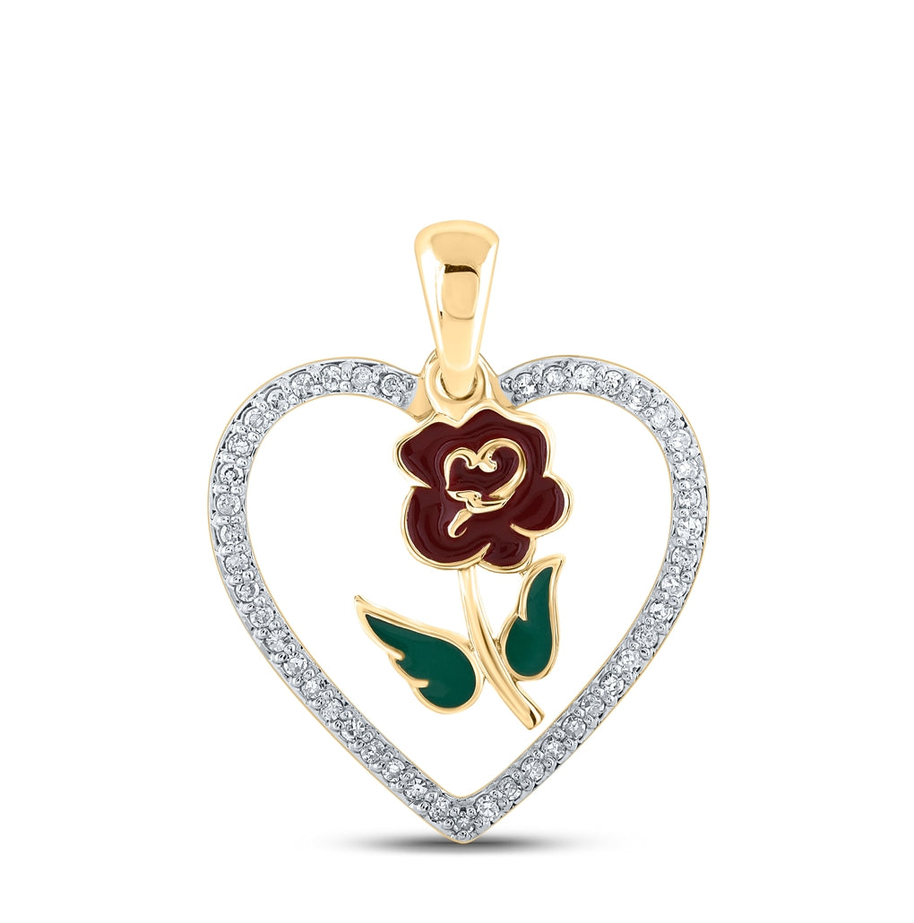 10K White Or Yellow Gold Womens Round Diamond Rose Heart Pendant