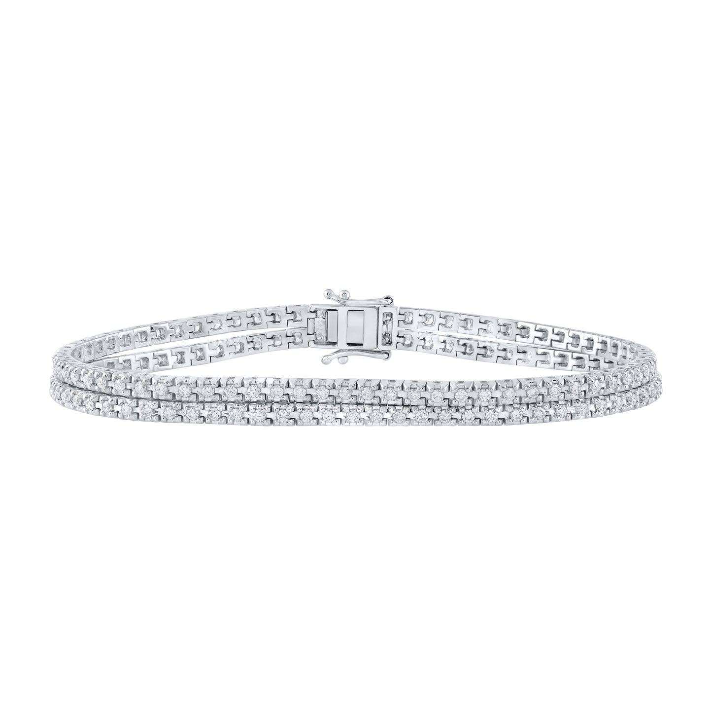 14K White Gold Womens Round Diamond Double Row Fashion Bracelet 1-5/8 Cttw