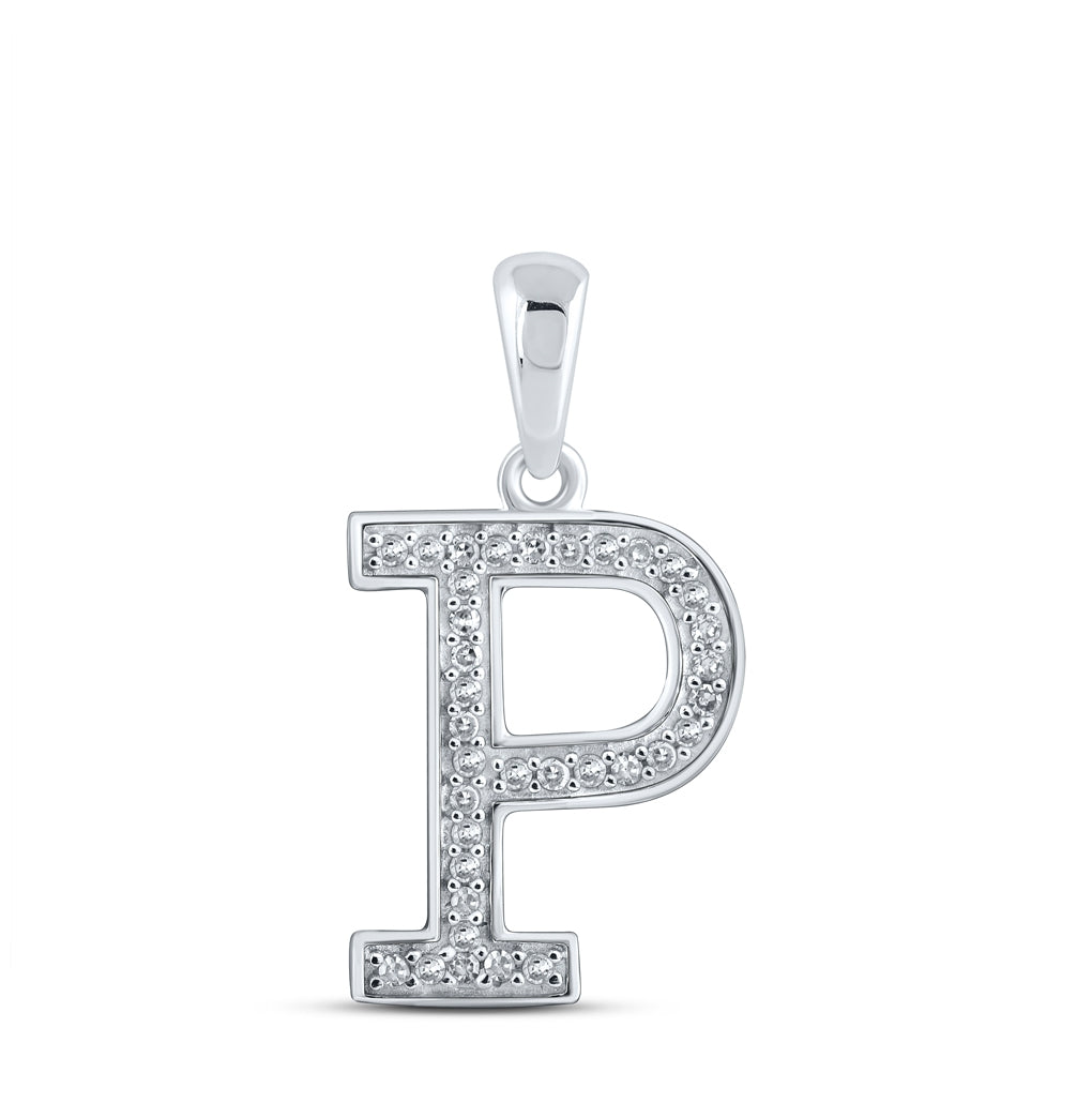 10K White Gold Womens Round Diamond Initial Letter Pendant