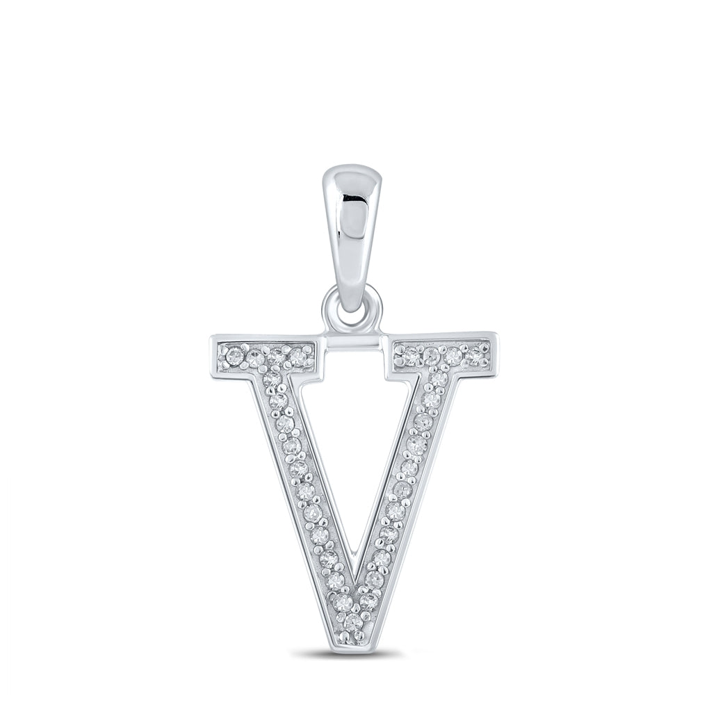 10K White Gold Womens Round Diamond Initial V Letter Pendant 1/20 Cttw, Length: 0.79 In, Width: 0.5 In