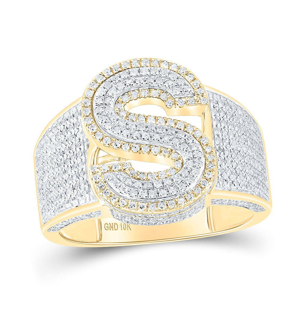 10K Two-tone Gold Mens Round Diamond Initial Letter Ring, Mens Size: 7-13