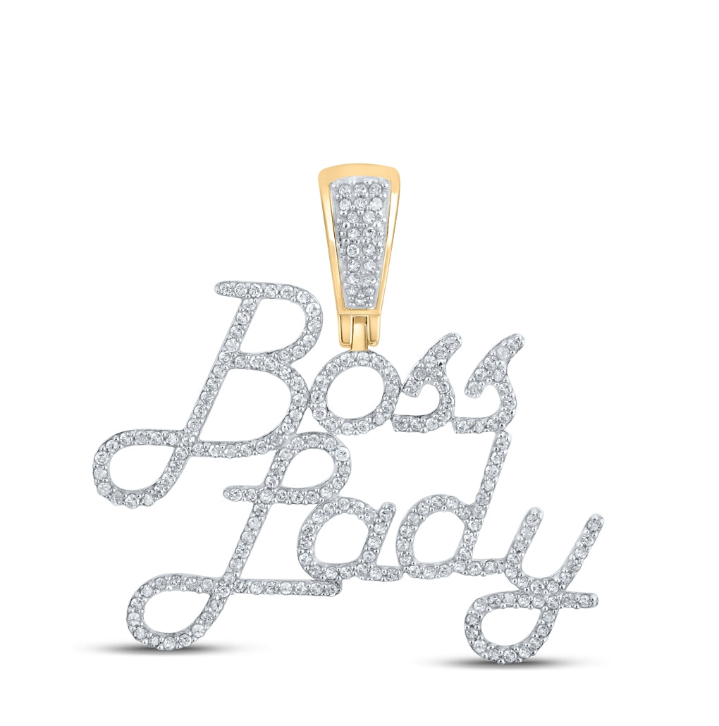 10K Yellow Gold Womens Round Diamond Boss Lady Phrase Pendant 5/8 Cttw, Length: 1.26 In, Width: 1.32 In