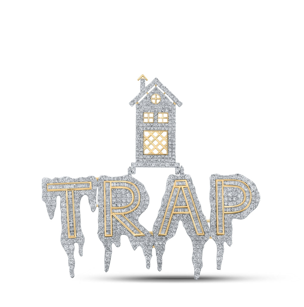 10K Yellow Gold Mens Baguette Diamond Trap House Drip Phrase Charm Pendant 8 Cttw, Length: 2.68 In