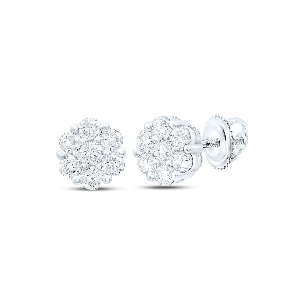 10K White Gold Womens Round Diamond Flower Cluster Earrings 1 Cttw