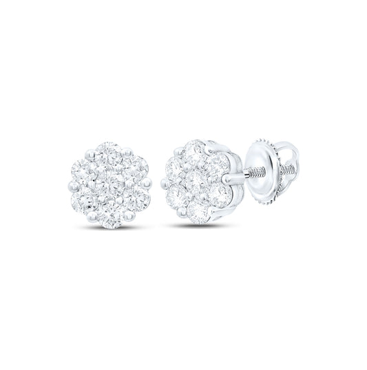 10K White Gold Womens Round Diamond Flower Cluster Earrings 1 Cttw