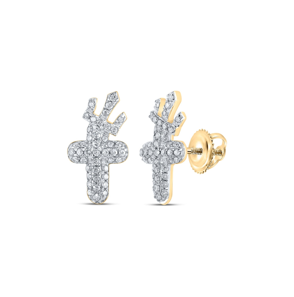 10K Yellow Gold Womens Round Diamond Crown Cross Earrings 1/4 Cttw