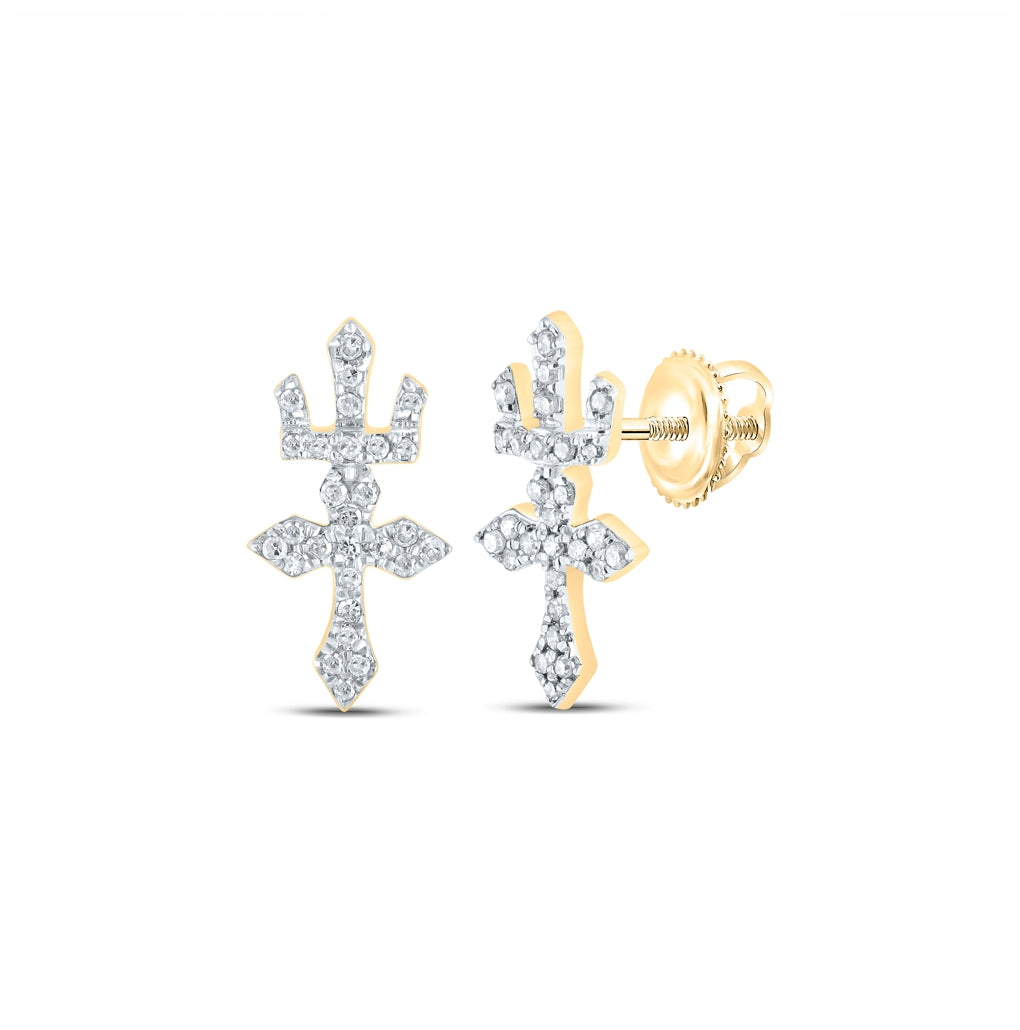 10K Yellow Gold Womens Round Diamond Crown Cross Earrings 1/6 Cttw