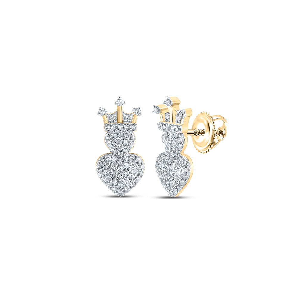 10K Yellow Gold Womens Round Diamond Crown Heart Earrings 1/3ctw