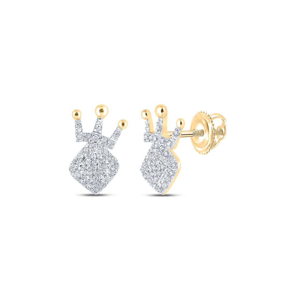 10K Yellow Gold Womens Round Diamond Crown Earrings 1/5 Cttw