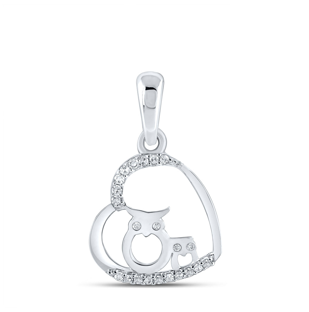 10K White Gold Womens Round Diamond Owl Heart Pendant 1/12 Cttw