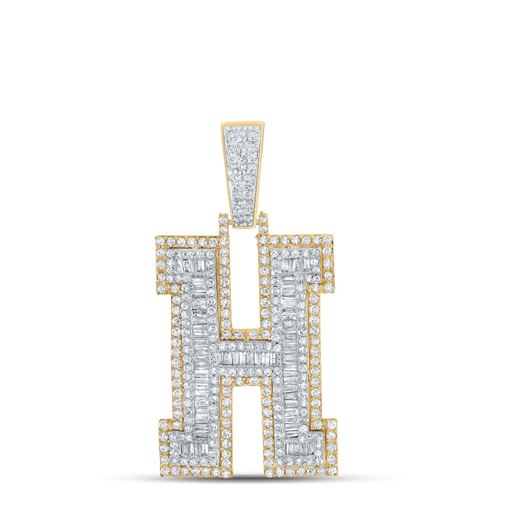 10K Two-tone Gold Mens Baguette Diamond Initial Letter Charm Pendant