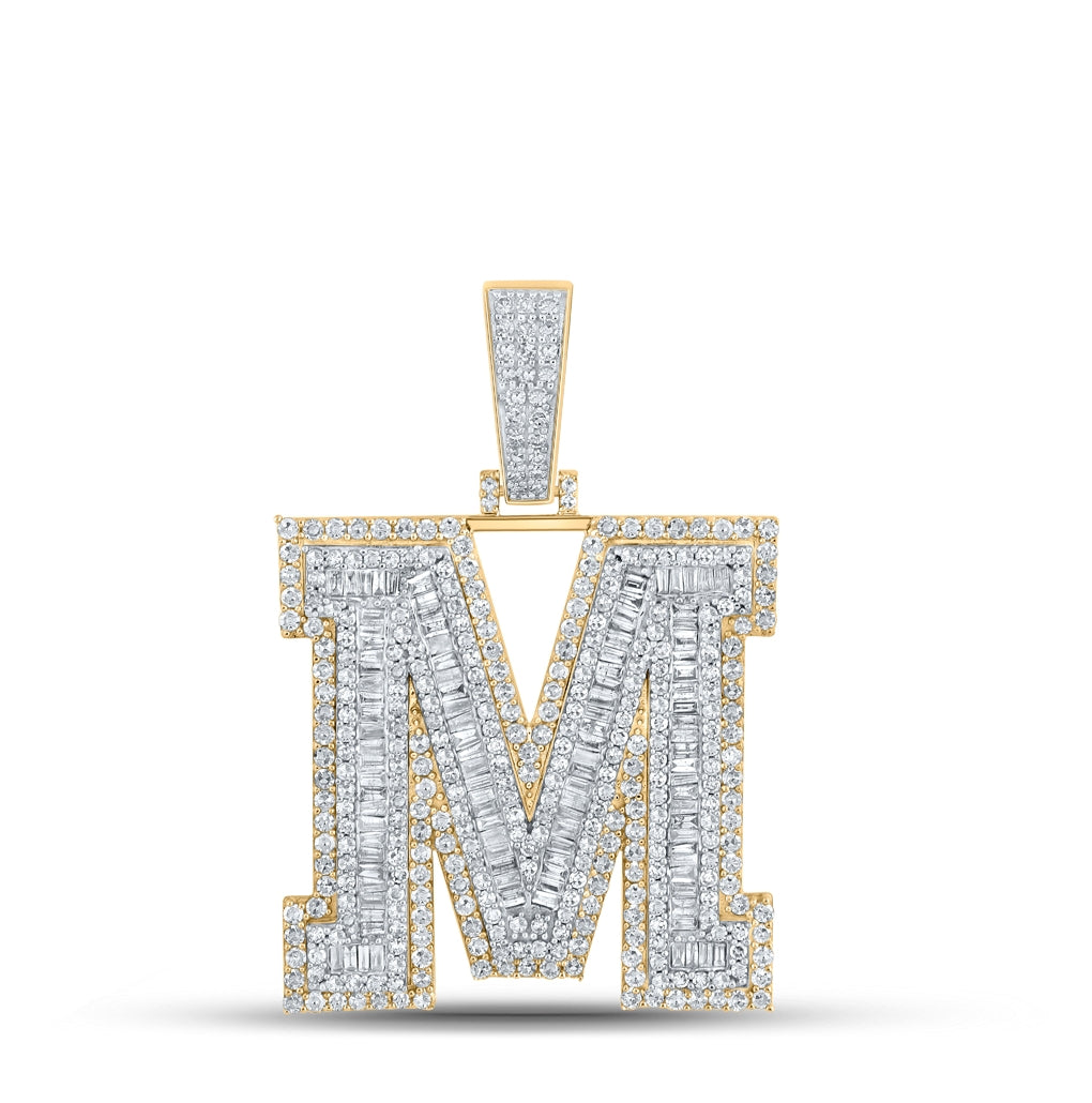 10K Two-tone Gold Mens Baguette Diamond Initial Letter Charm Pendant