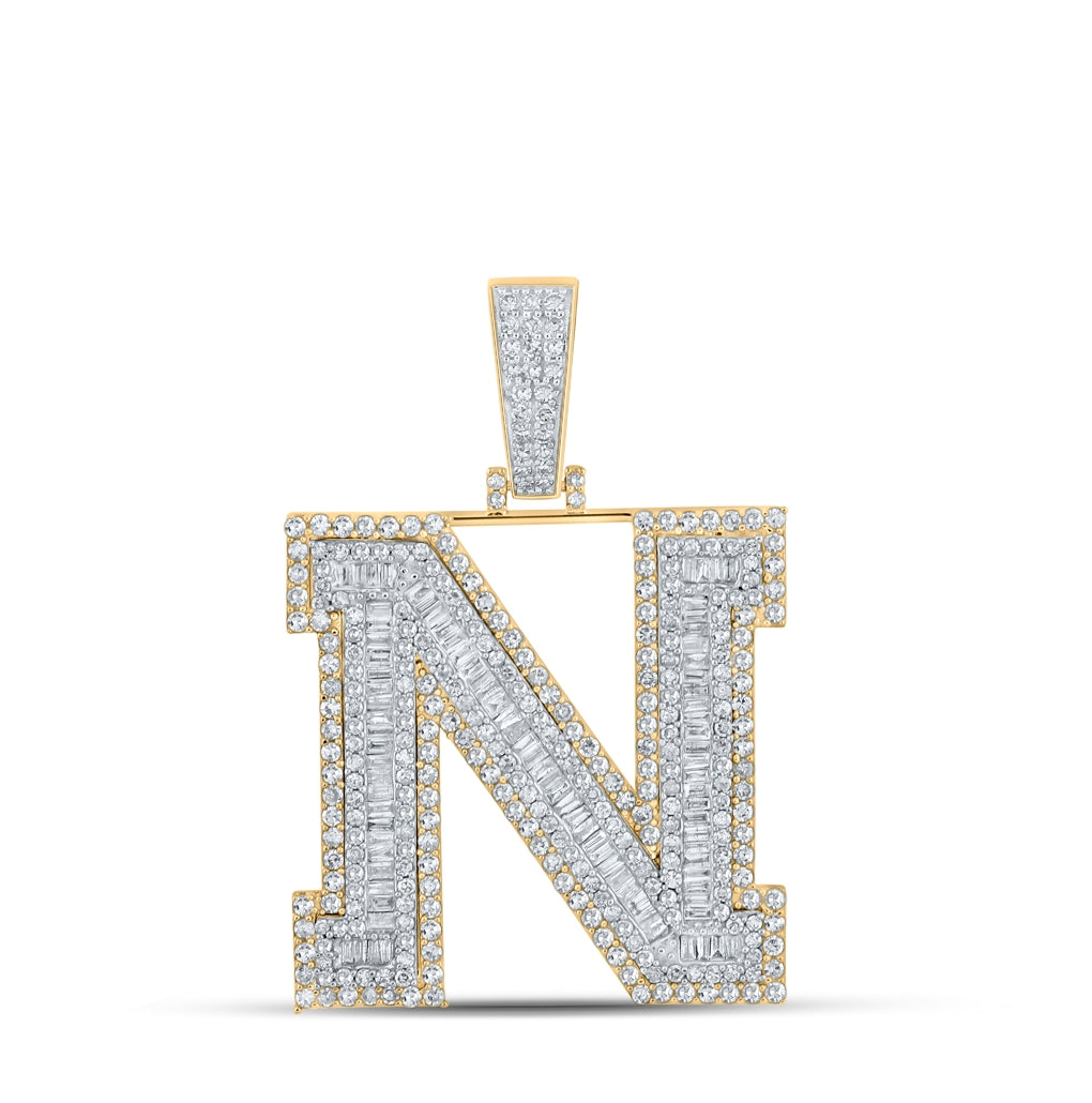 10K Two-tone Gold Mens Baguette Diamond Initial Letter Charm Pendant