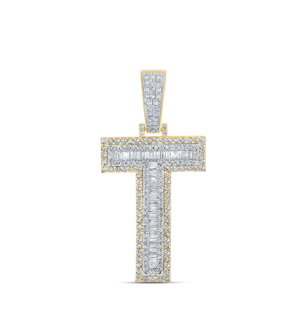 10K Two-tone Gold Mens Baguette Diamond Initial Letter Charm Pendant