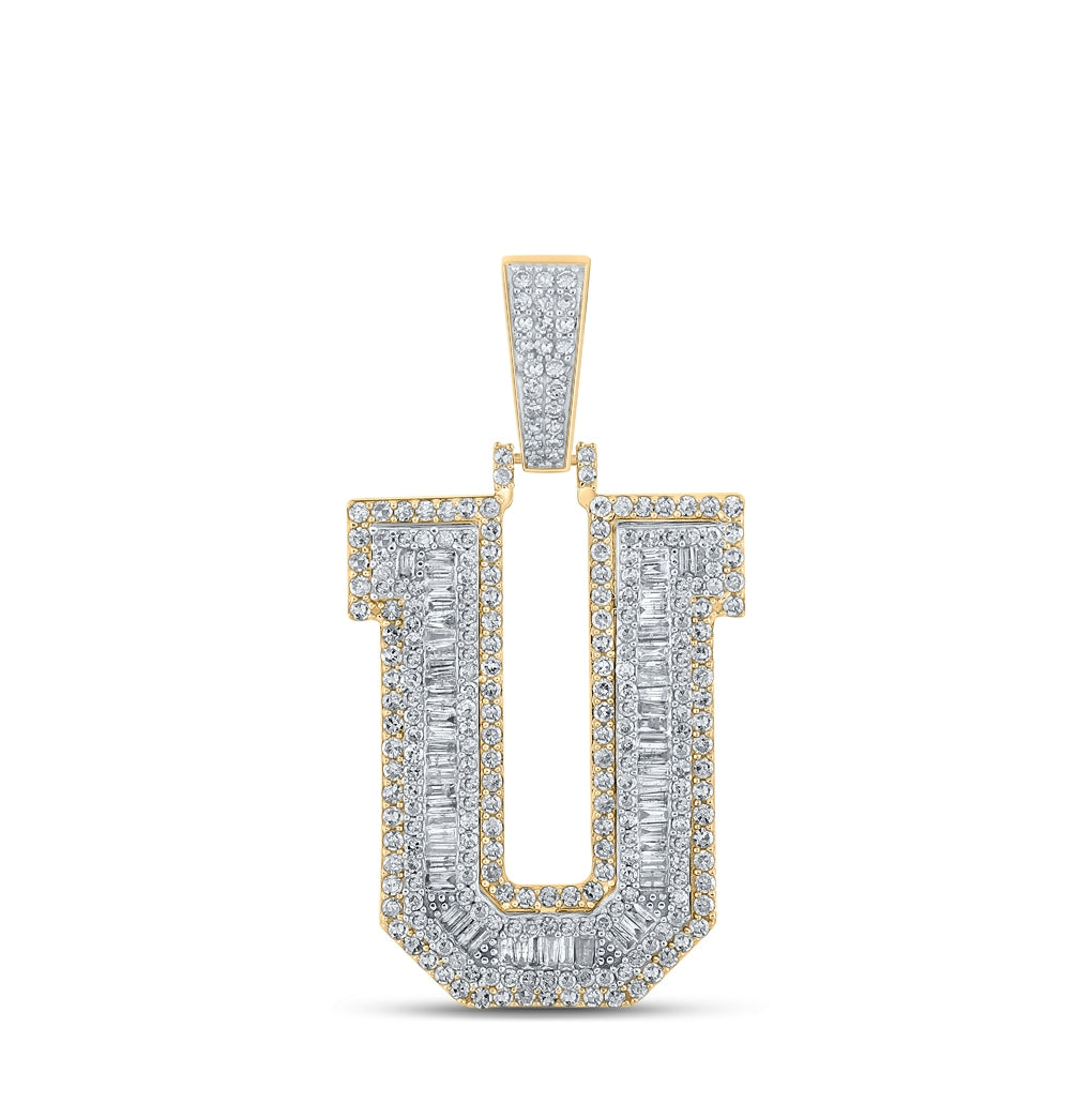 10K Two-tone Gold Mens Baguette Diamond Initial Letter Charm Pendant