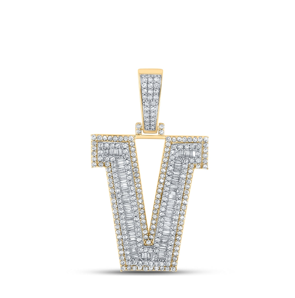 10K Two-tone Gold Mens Baguette Diamond Initial Letter Charm Pendant