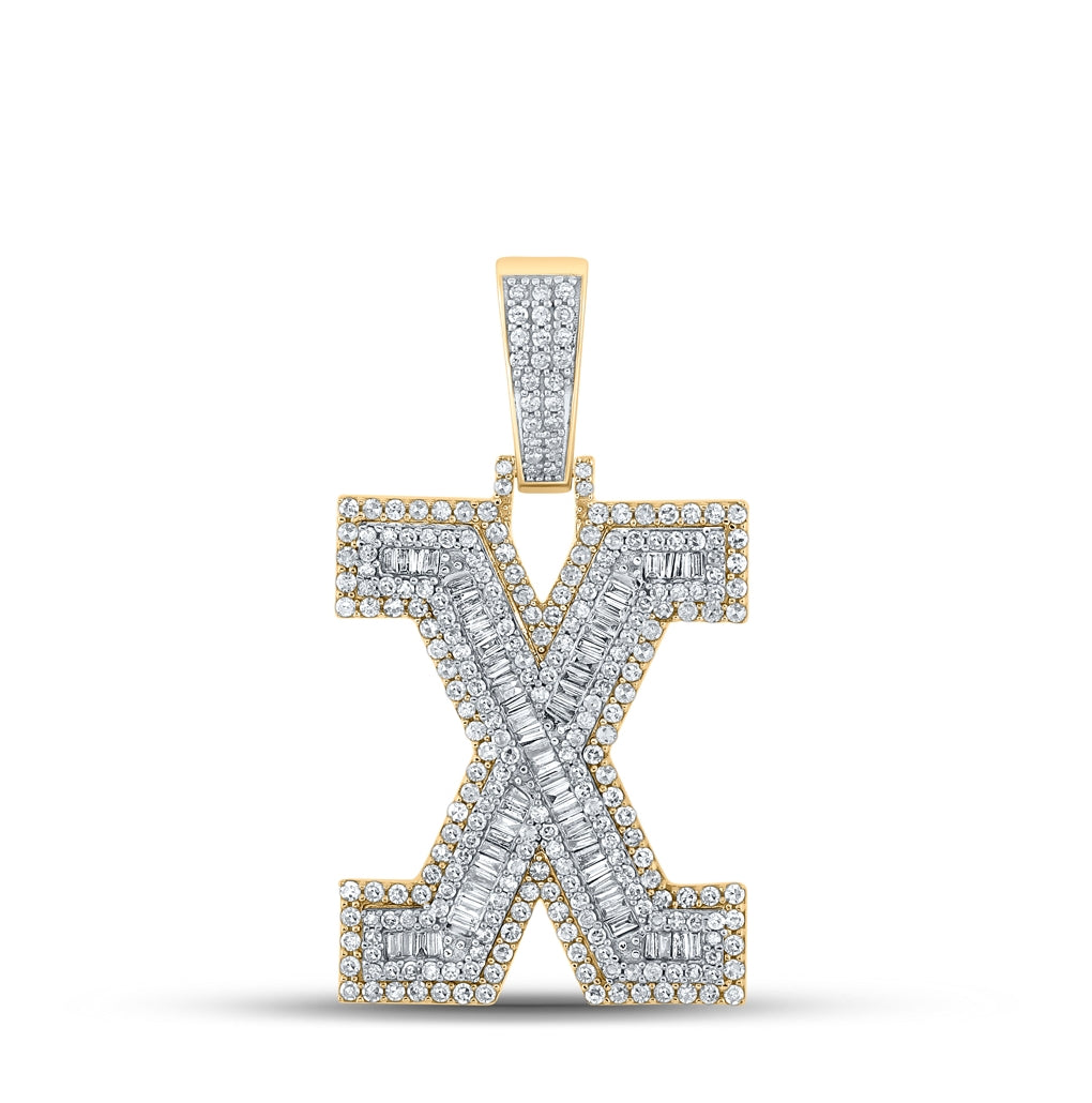 10K Two-tone Gold Mens Baguette Diamond Initial Letter Charm Pendant