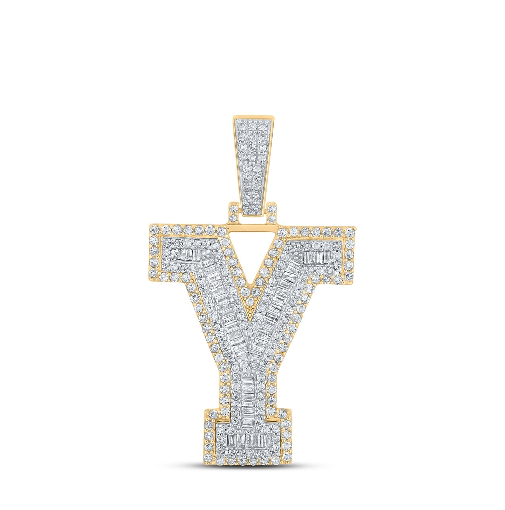10K Two-tone Gold Mens Baguette Diamond Initial Letter Charm Pendant